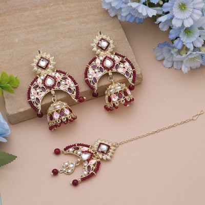 Maroon Color Meena Work Kundan Earrings Tikka Set