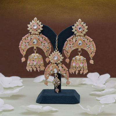 Peach Color Meena Work Kundan Earrings Tikka Set