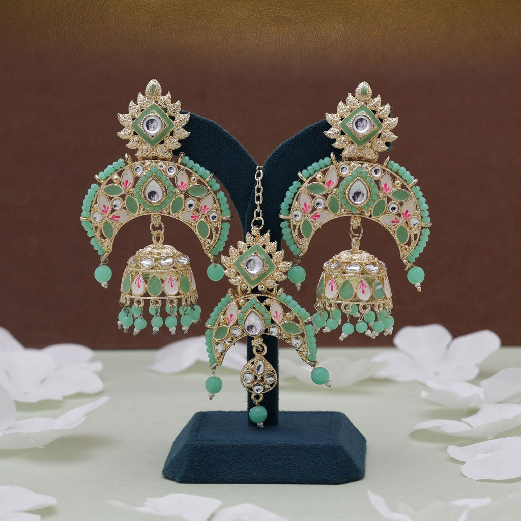 Parrot Green Color Meena Work Kundan Earrings Tikka Set