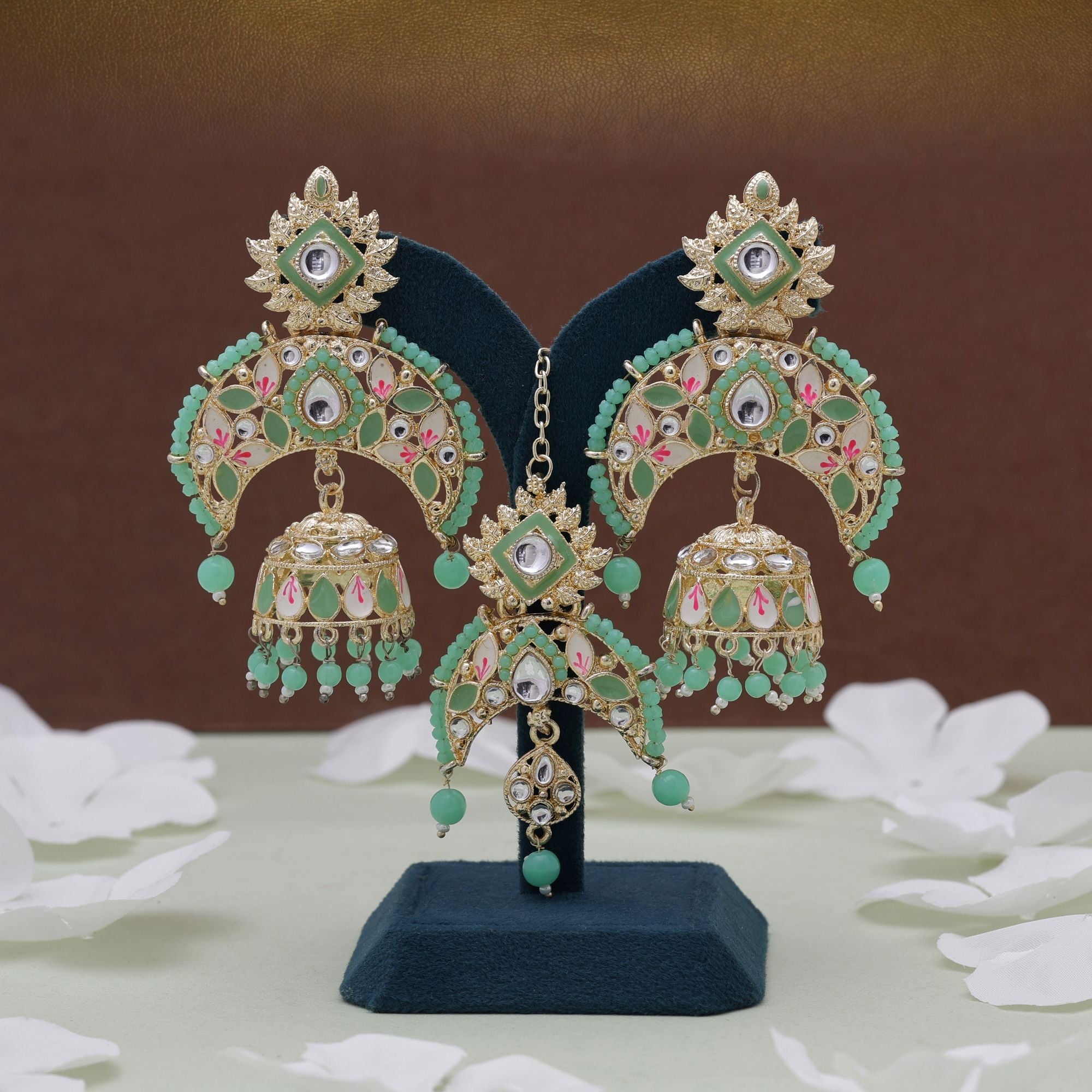 Parrot Green Color Meena Work Kundan Earrings Tikka Set