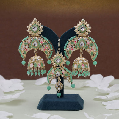 Parrot Green Color Meena Work Kundan Earrings Tikka Set