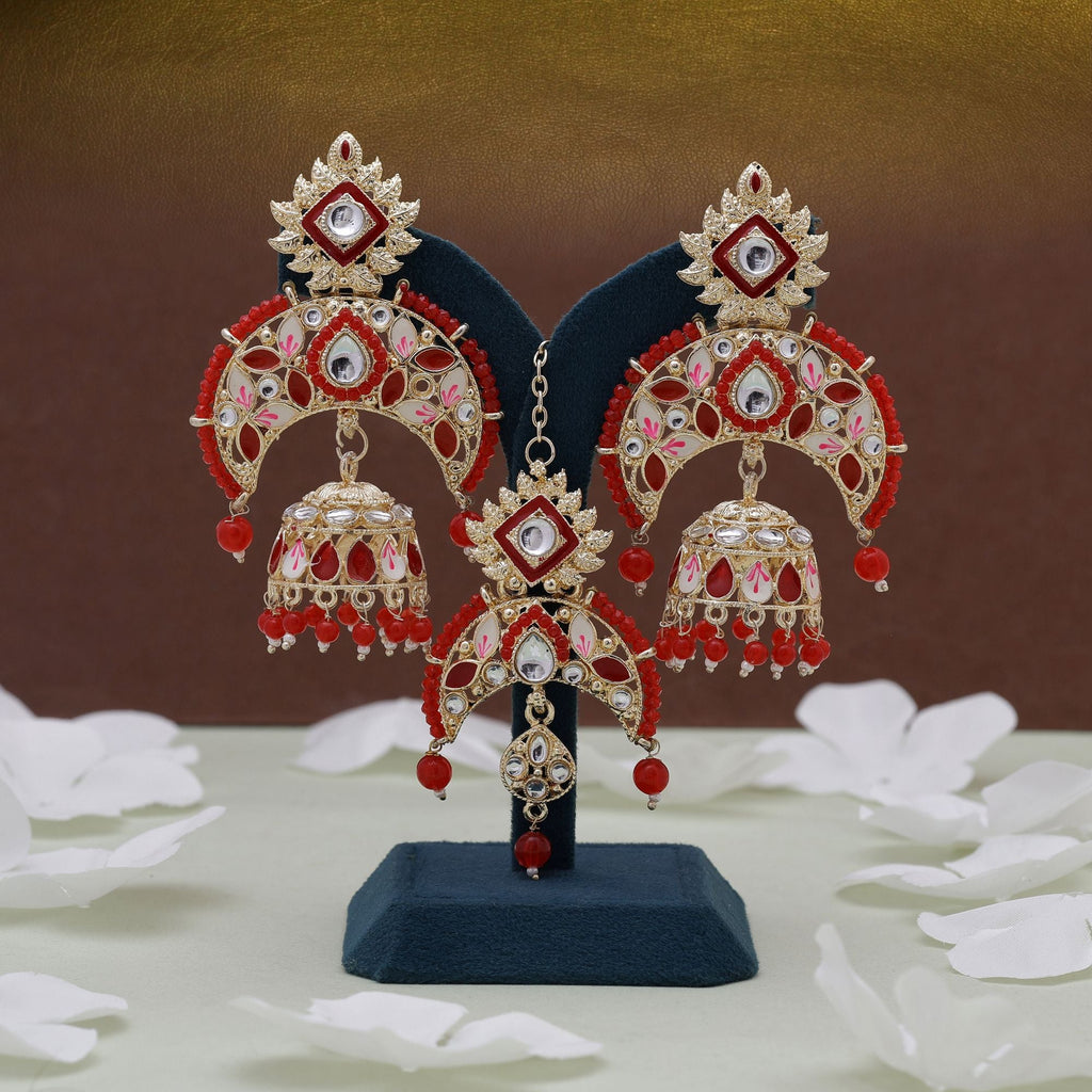 Red Color Meena Work Kundan Earrings Tikka Set