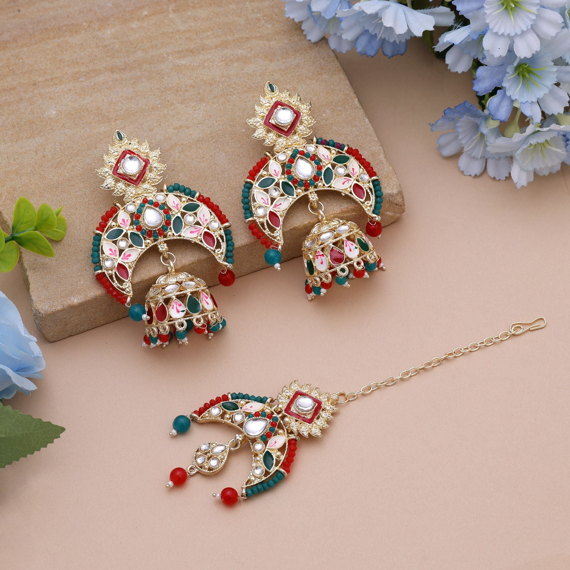 Red & Green Color Meena Work Kundan Earrings Tikka Set