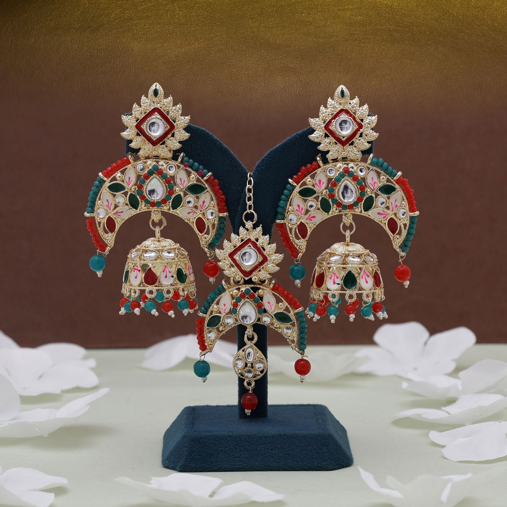 Red & Green Color Meena Work Kundan Earrings Tikka Set