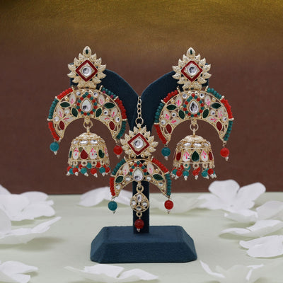 Red & Green Color Meena Work Kundan Earrings Tikka Set