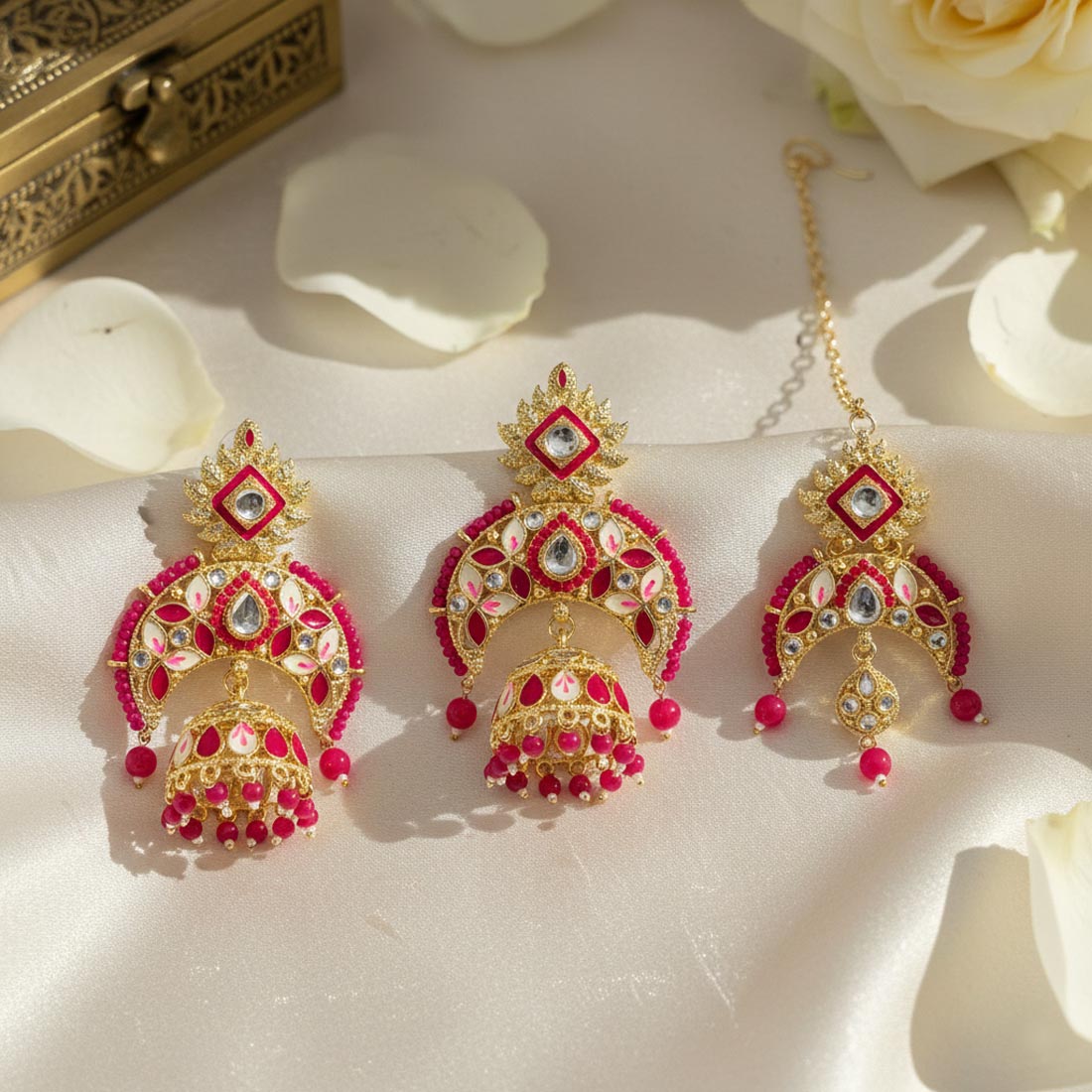 Rani Color Meena Work Kundan Earrings Tikka Set