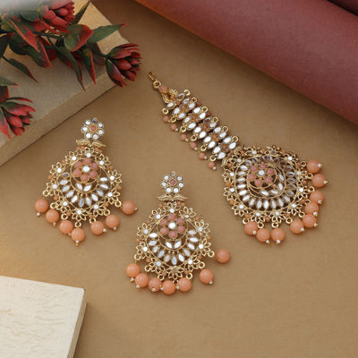Peach Color Kundan Earrings Tikka Set – Traditional Style