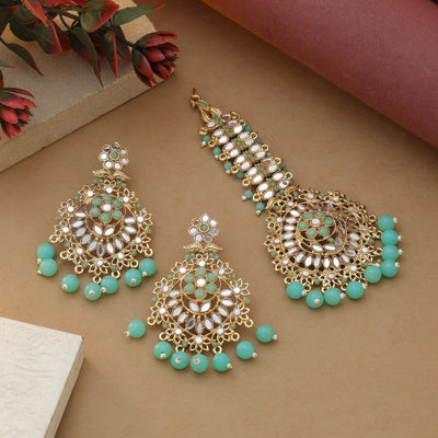 Parrot Green Color Kundan Earrings Tikka Set – Ethnic Look