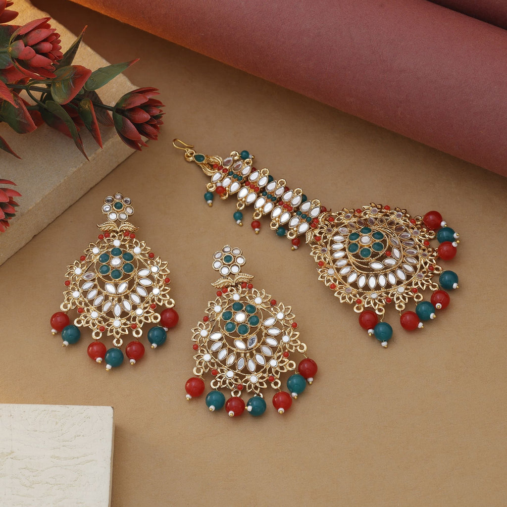 Red & Green Color Kundan Earrings Tikka Set – Wedding Style