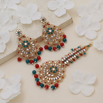 Red & Green Color Kundan Earrings Tikka Set – Wedding Style
