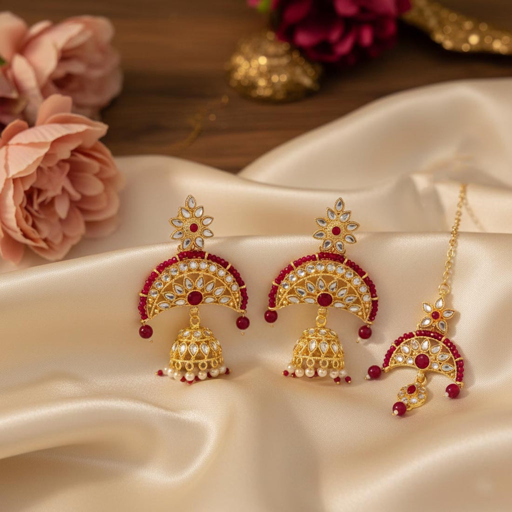 Magenta Color Kundan Earrings Tikka Set – Royal Style