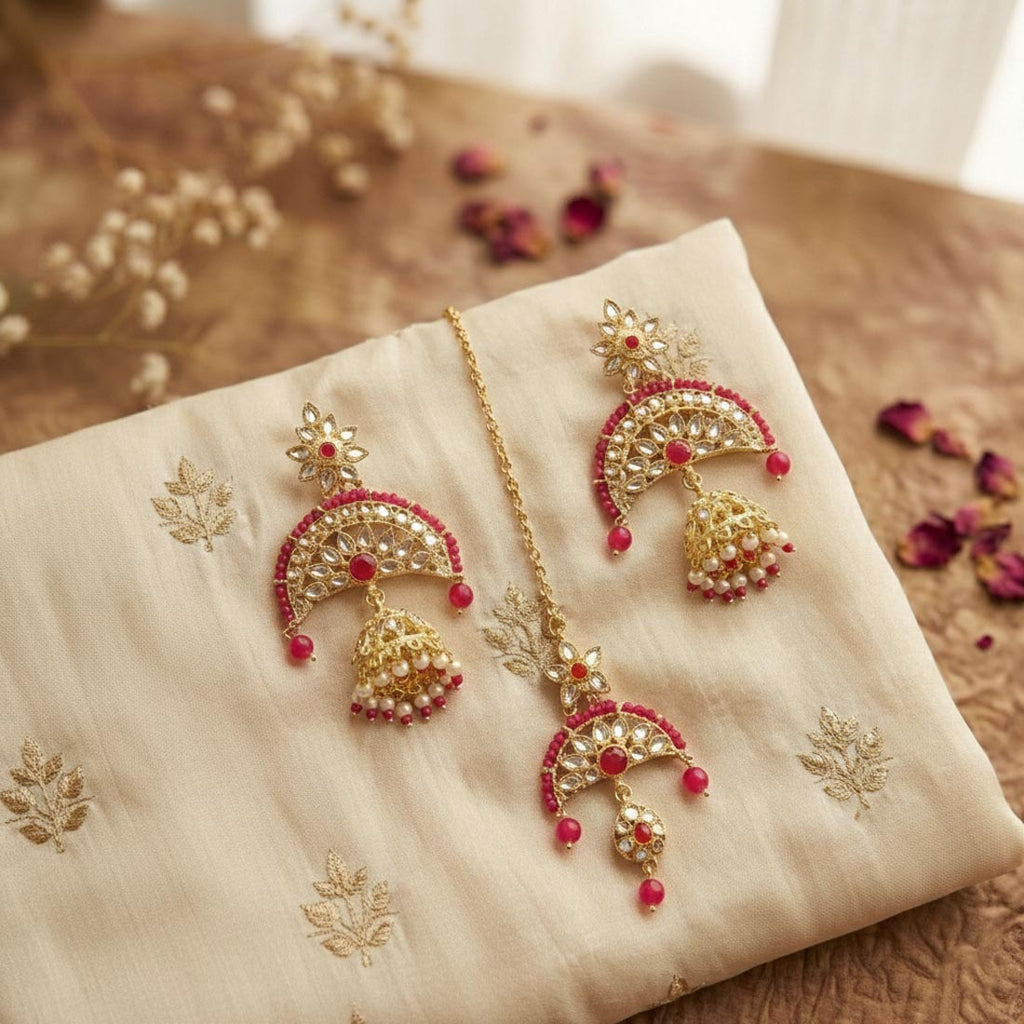 Rani Color Kundan Earrings Tikka Set – Wedding Wear