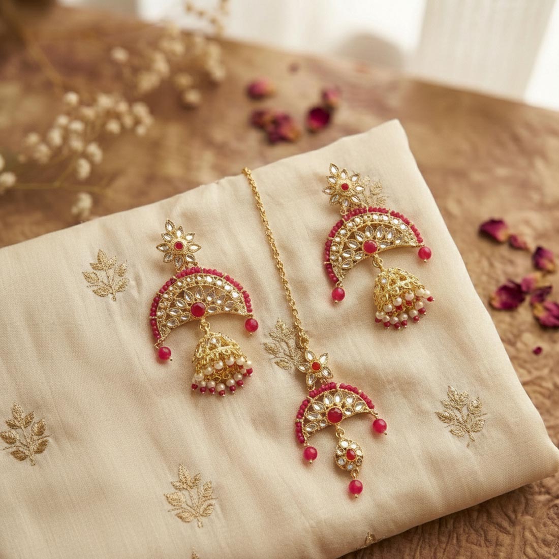 Rani Color Kundan Earrings Tikka Set – Wedding Wear