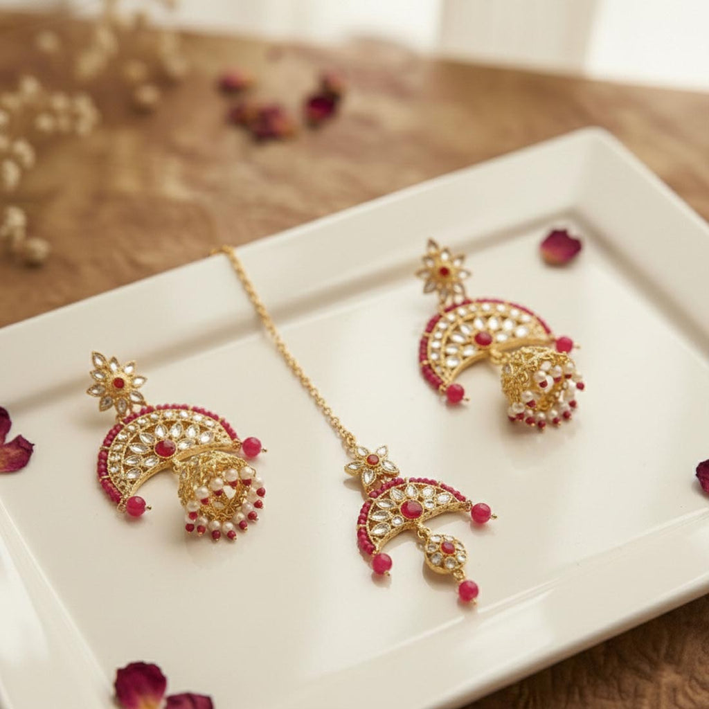 Rani Color Kundan Earrings Tikka Set – Wedding Wear
