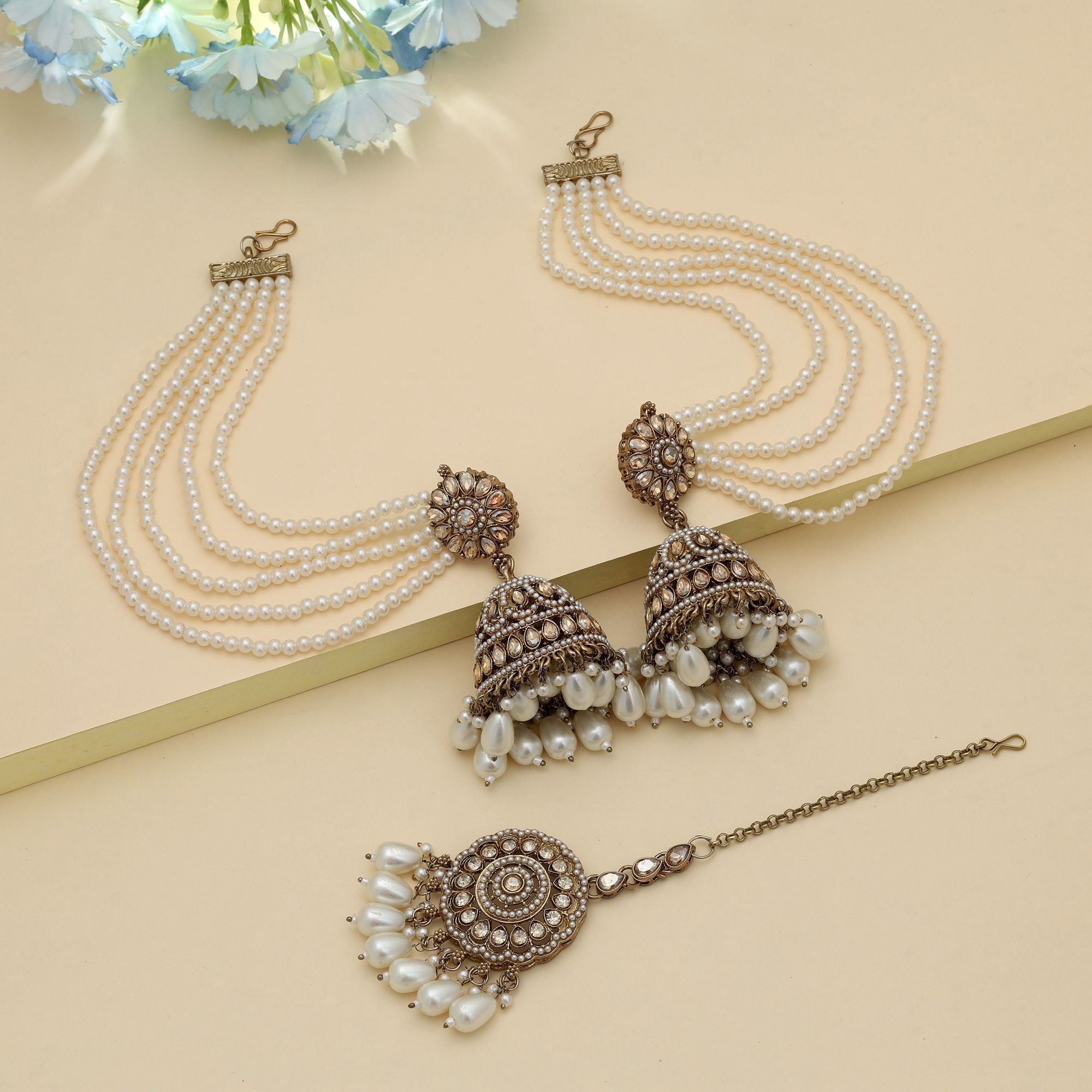 Gold Color Big Jhumka Kundan Earrings Tikka Set Wedding