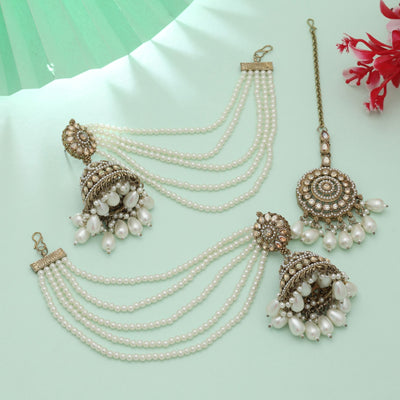Gold Color Big Jhumka Kundan Earrings Tikka Set Wedding