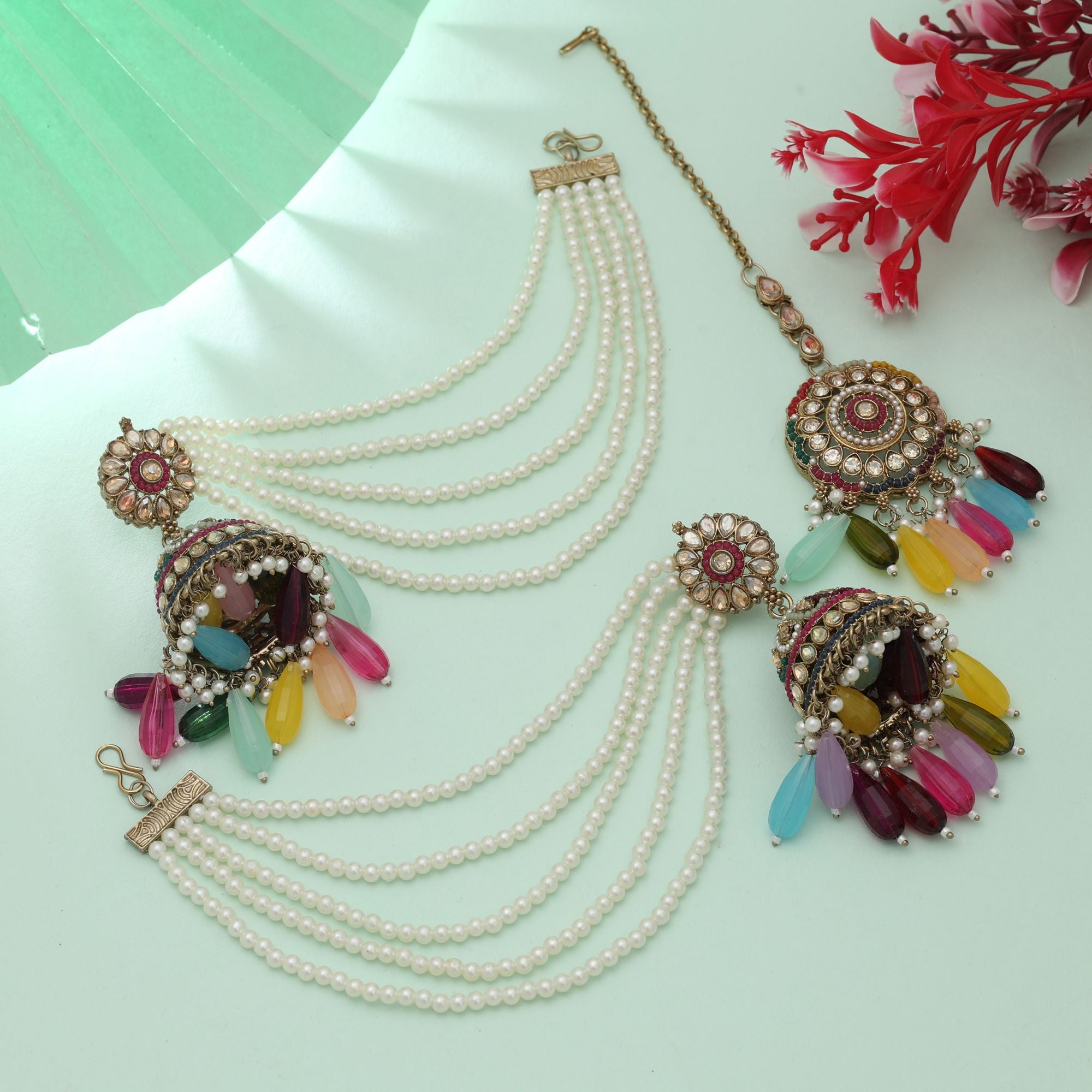 Multi Color Big Jhumka Kundan Earrings Tikka Set Bridal