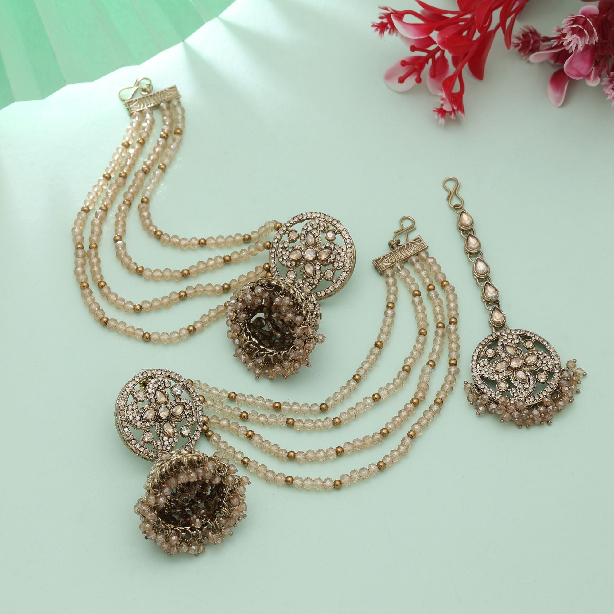 Gold Color Big Jhumka Kundan Earrings Tikka Set Bridal