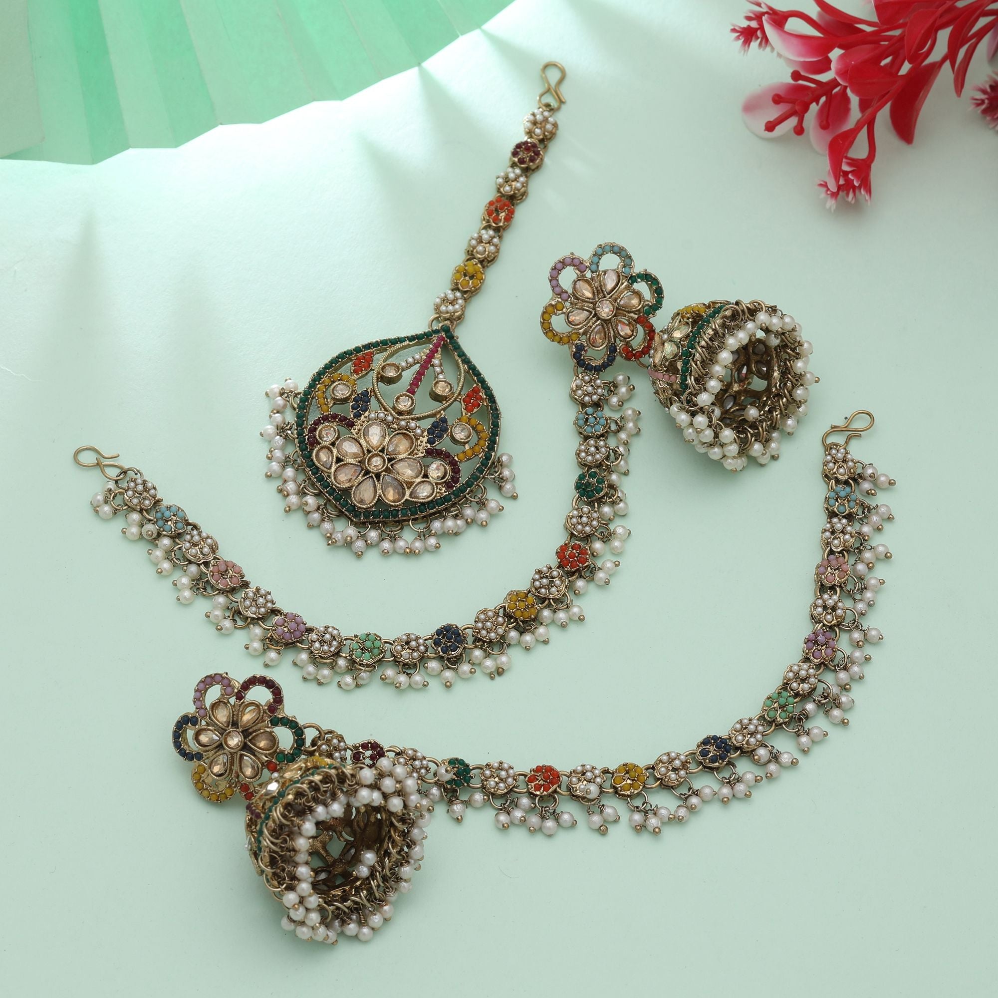 Multi Color Big Jhumka Kundan Earrings Tikka Set Festive