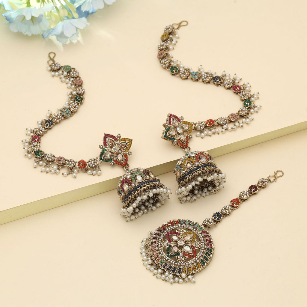 Multi Color Big Jhumka Kundan Earrings Tikka Set Wedding