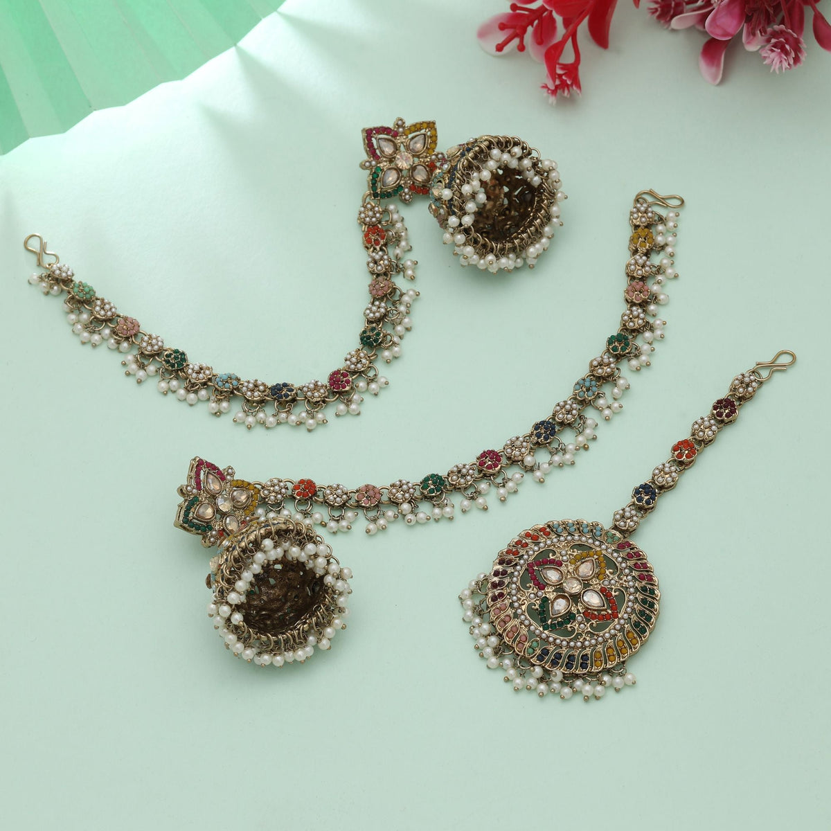 Multi Color Big Jhumka Kundan Earrings Tikka Set Wedding