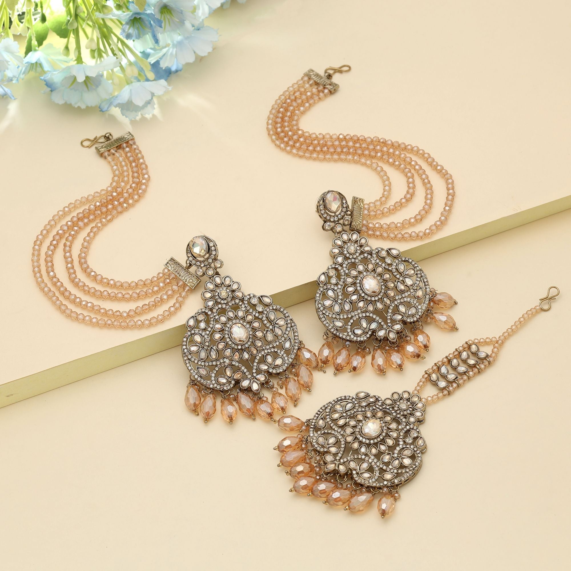 Gold Color Kundan Earrings Tikka Set Bridal Style