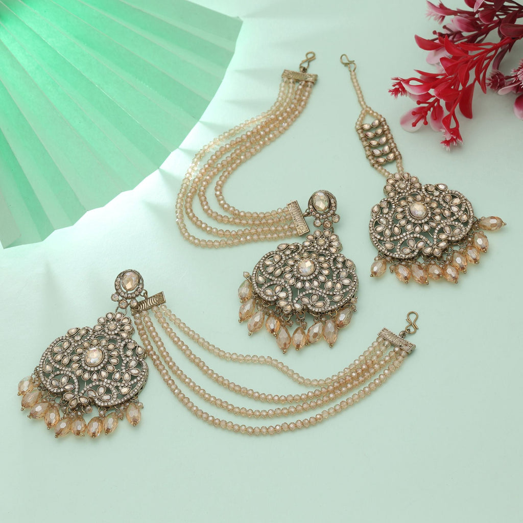 Gold Color Kundan Earrings Tikka Set Bridal Style