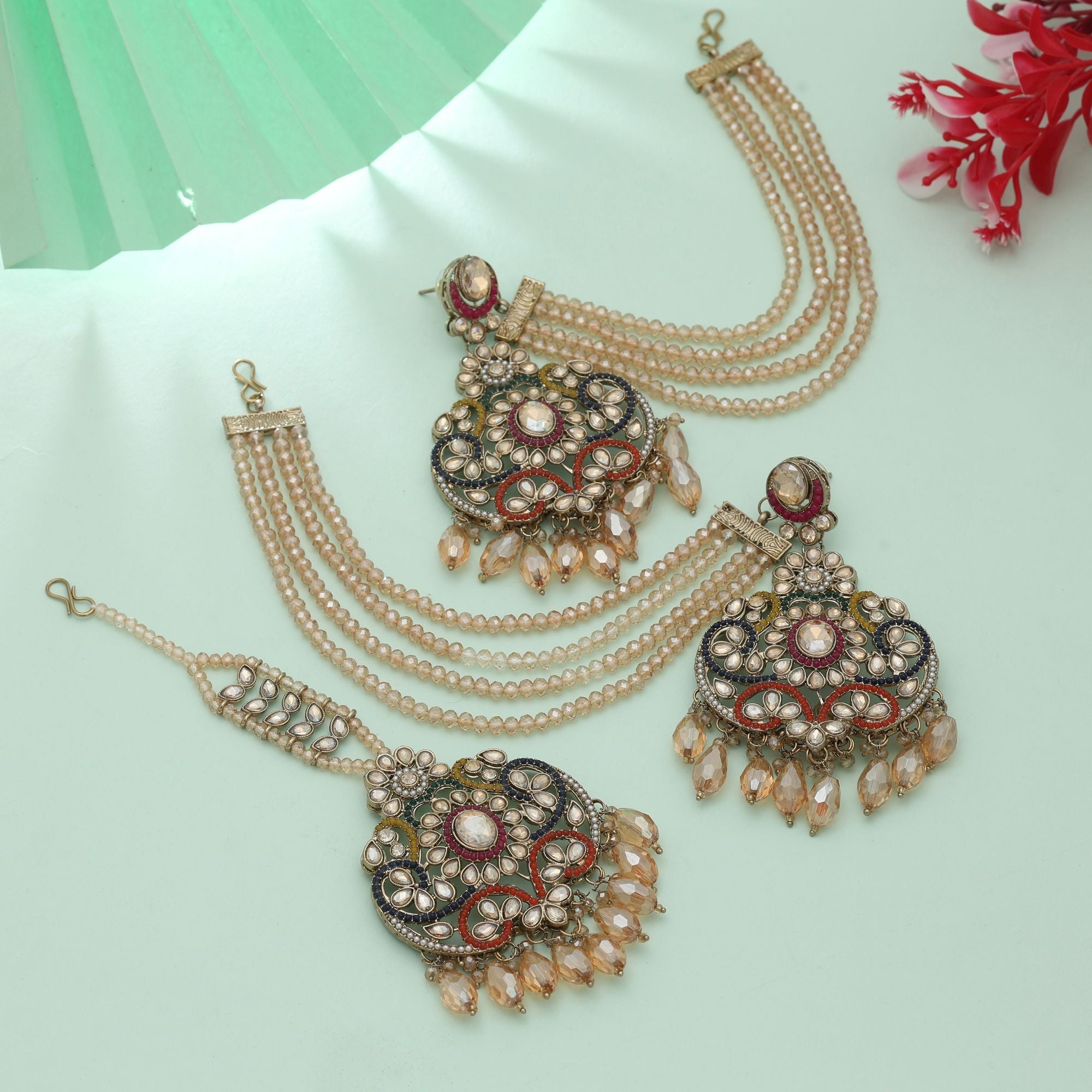 Multi Color Kundan Earrings Tikka Set Festive Style
