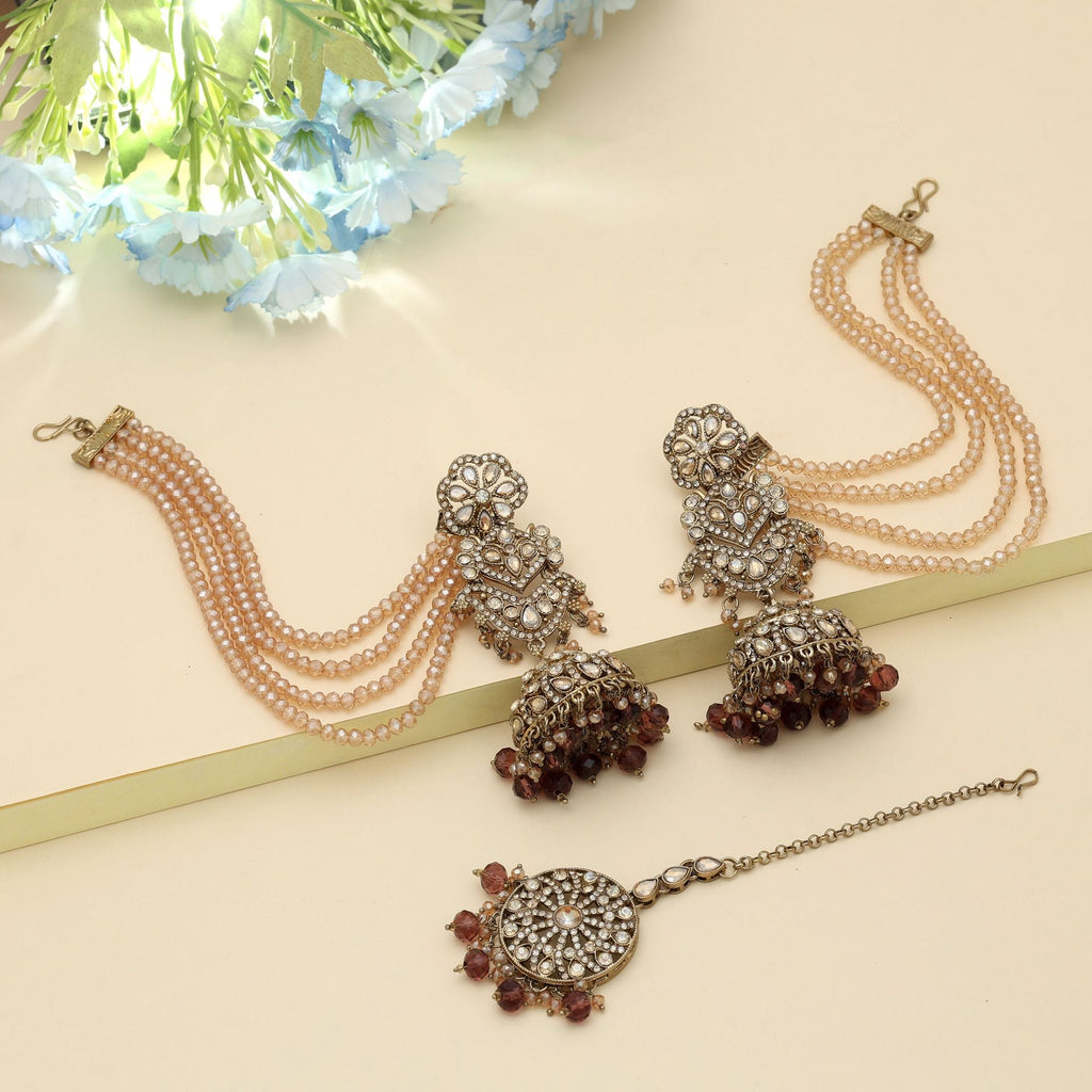 Brown Color Big Jhumka Kundan Earrings Tikka Set Ethnic