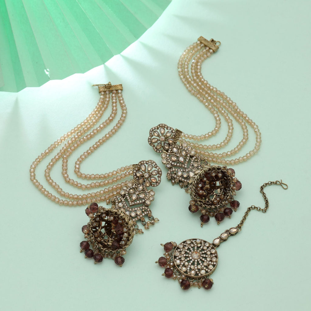 Brown Color Big Jhumka Kundan Earrings Tikka Set Ethnic