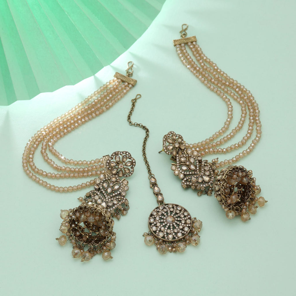 Gold Color Big Jhumka Kundan Earrings Tikka Set Festive