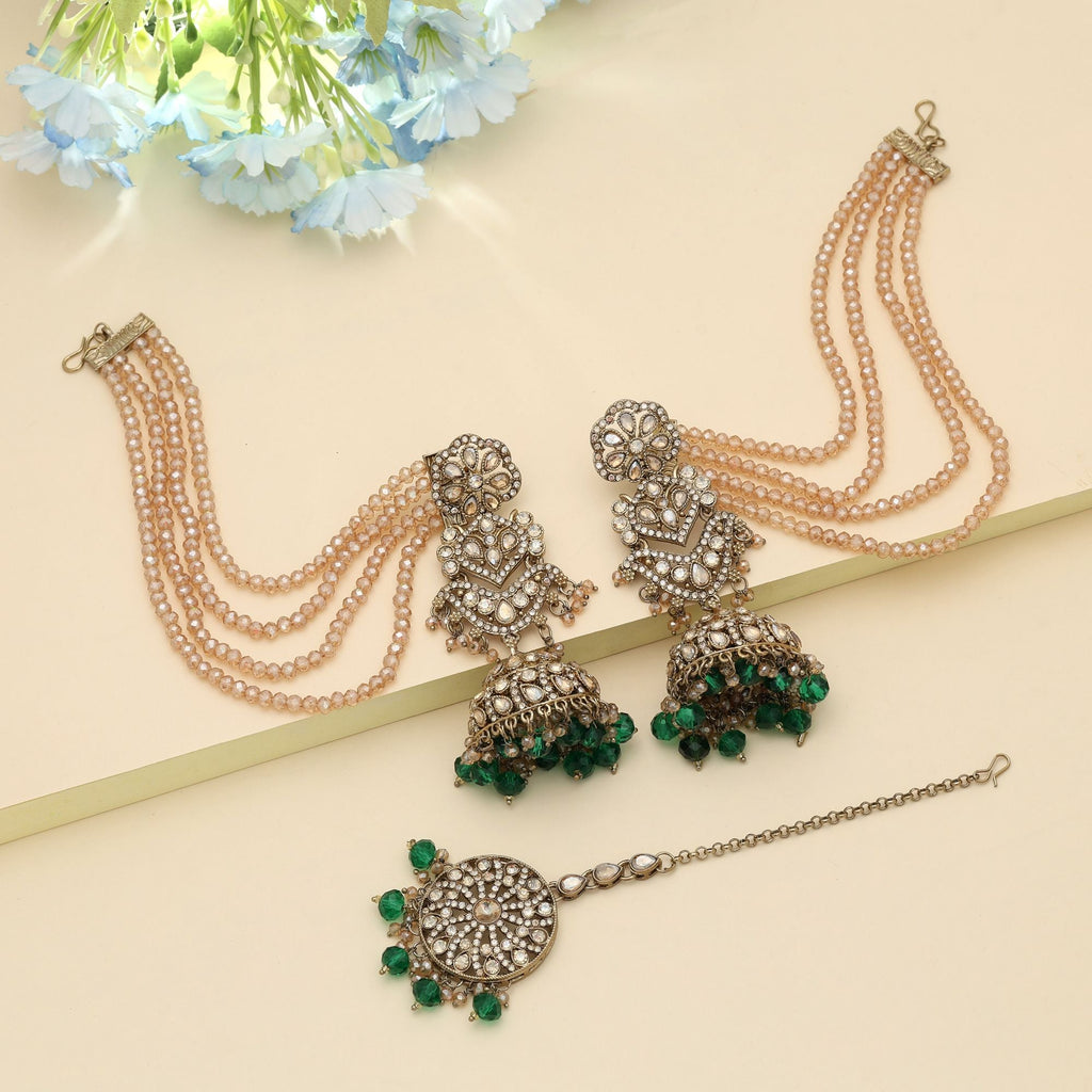 Green Color Big Jhumka Kundan Earrings Tikka Set Traditional