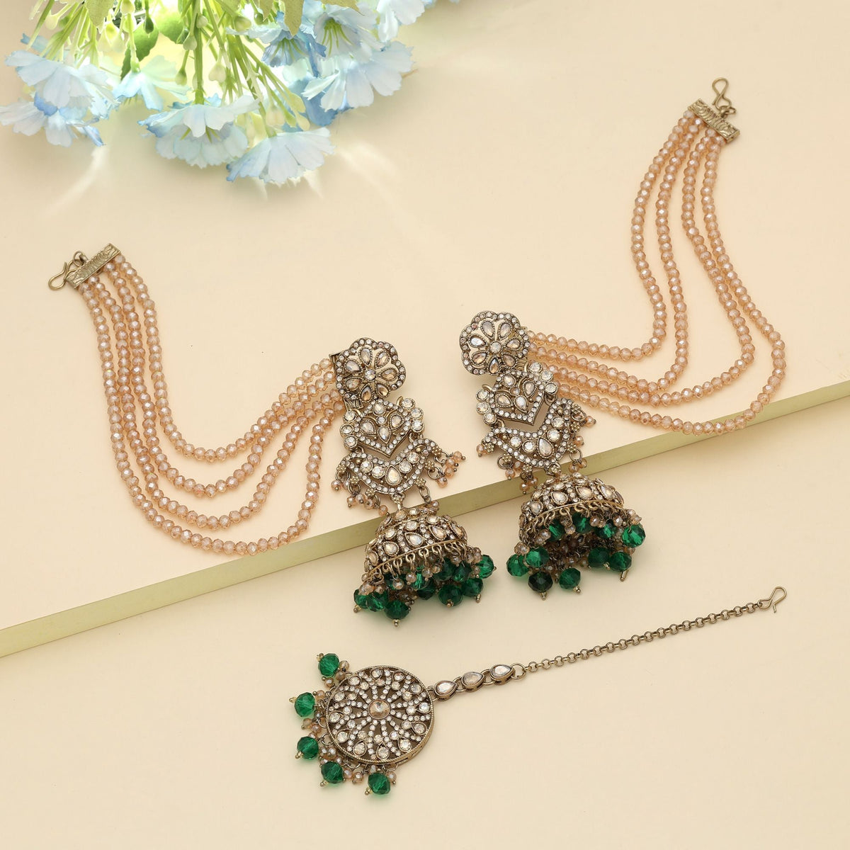 Green Color Big Jhumka Kundan Earrings Tikka Set Traditional