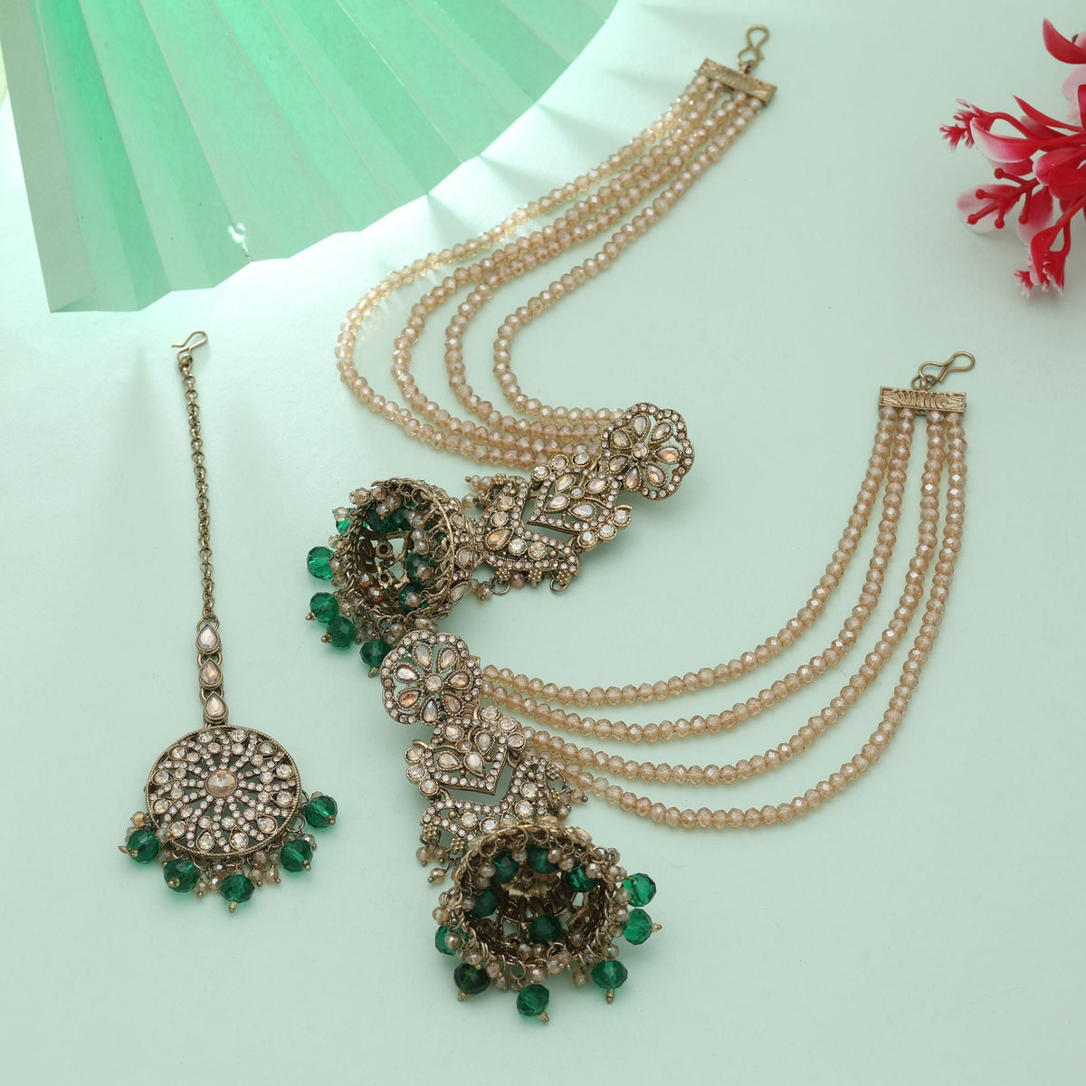 Green Color Big Jhumka Kundan Earrings Tikka Set Traditional