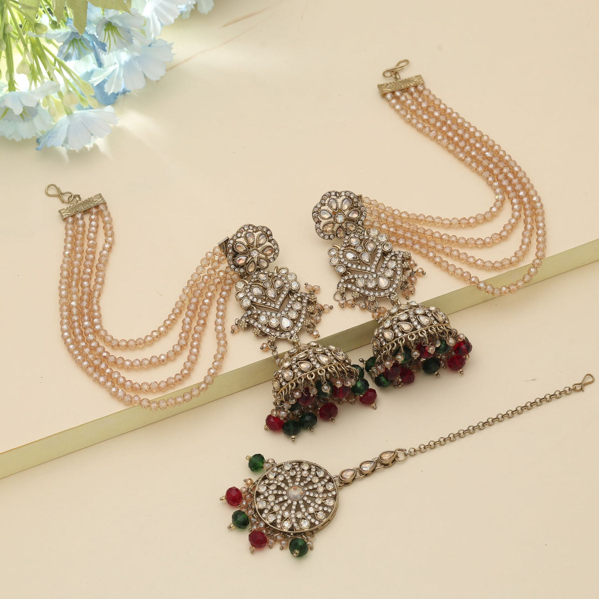 Maroon & Green Big Jhumka Kundan Earrings Tikka Set