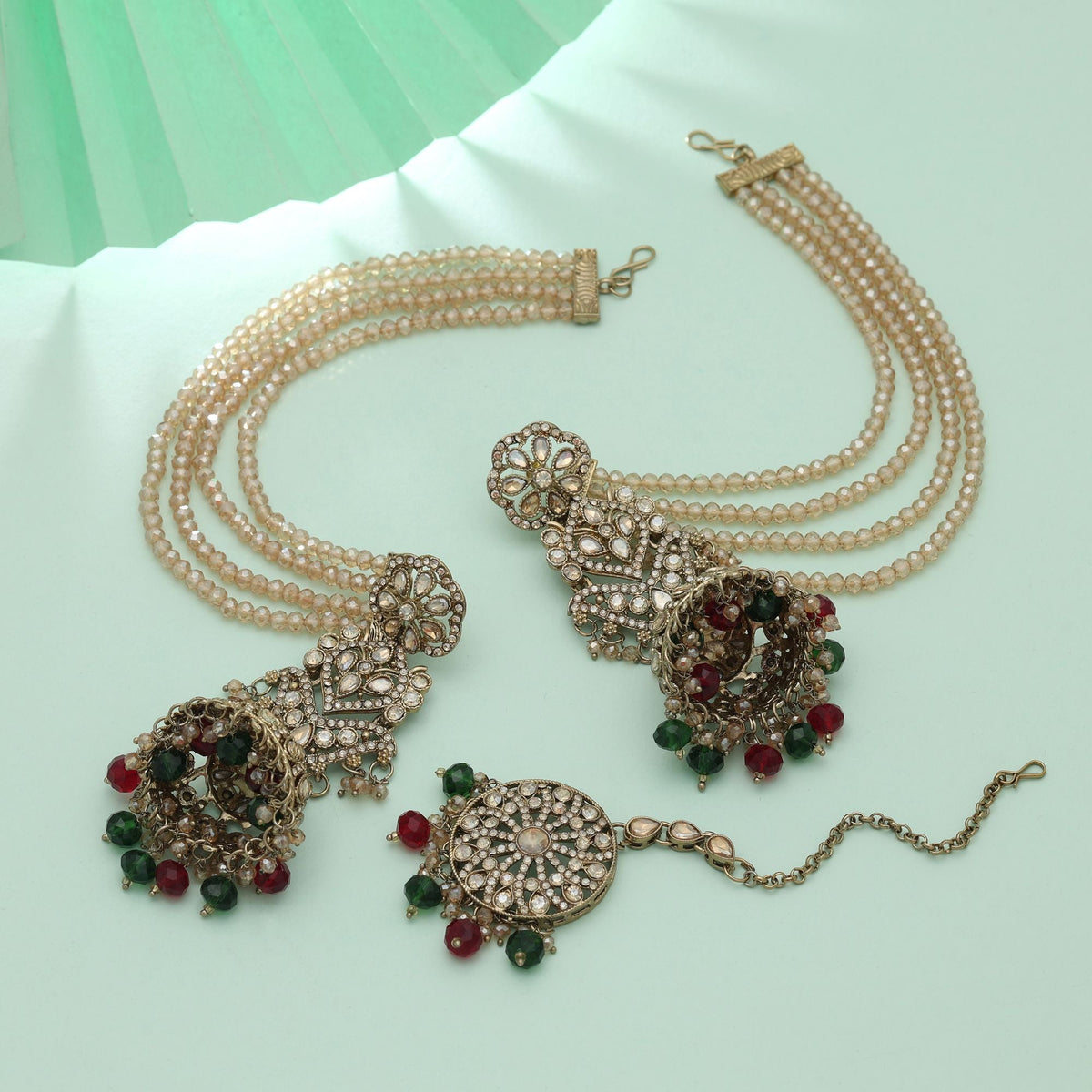 Maroon & Green Big Jhumka Kundan Earrings Tikka Set