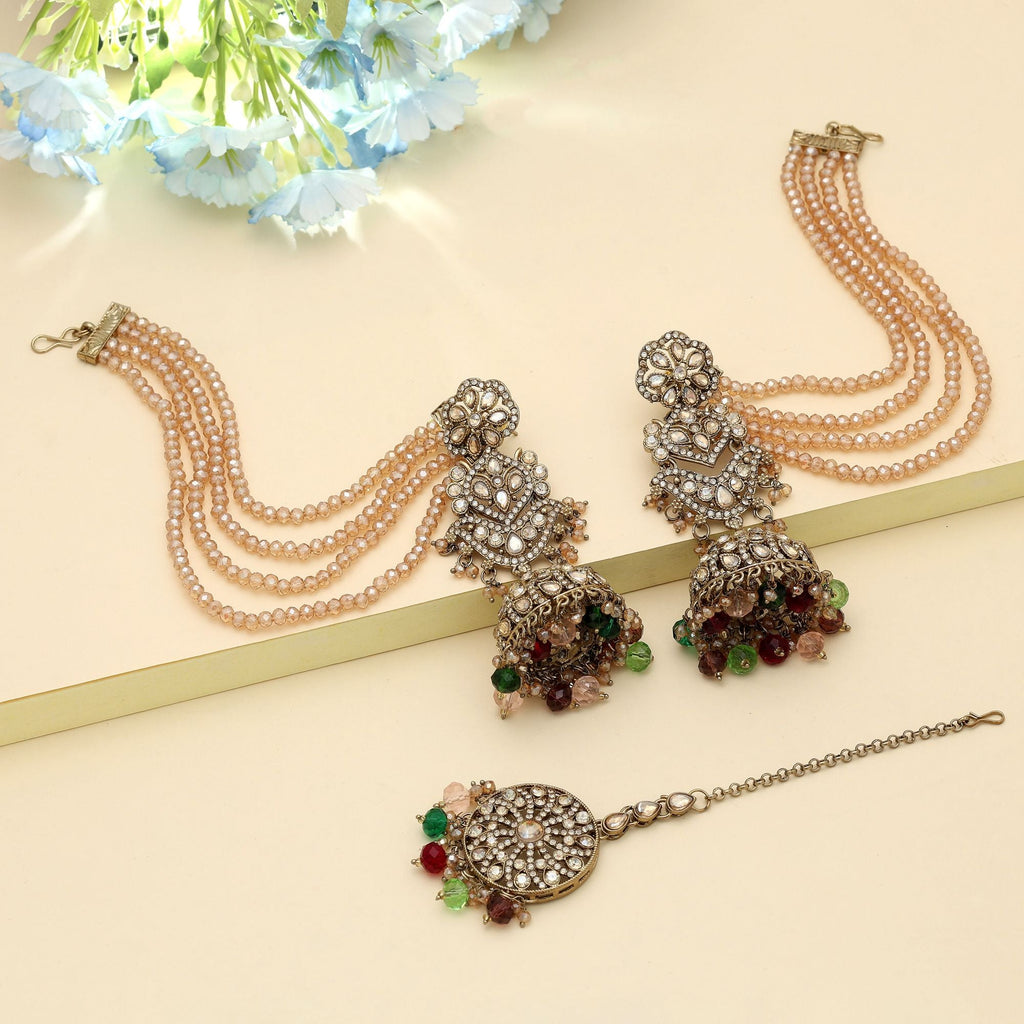 Multi Color Big Jhumka Kundan Earrings Tikka Set Stylish