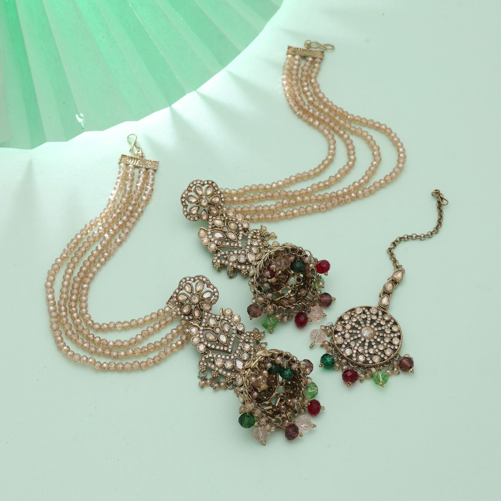 Multi Color Big Jhumka Kundan Earrings Tikka Set Stylish