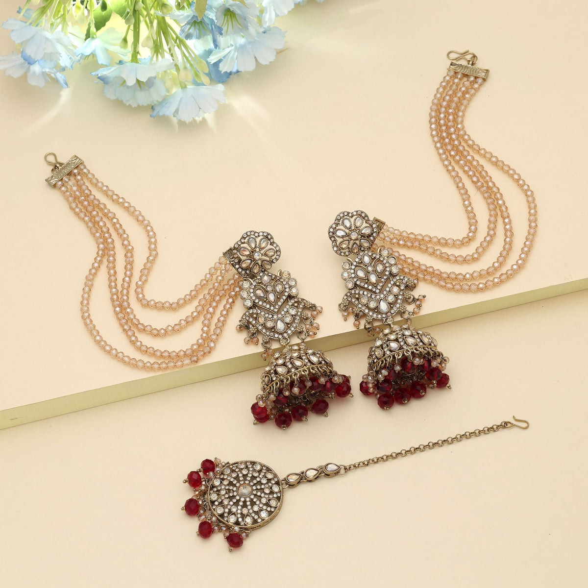 Maroon Color Big Jhumka Kundan Earrings Tikka Set Wedding