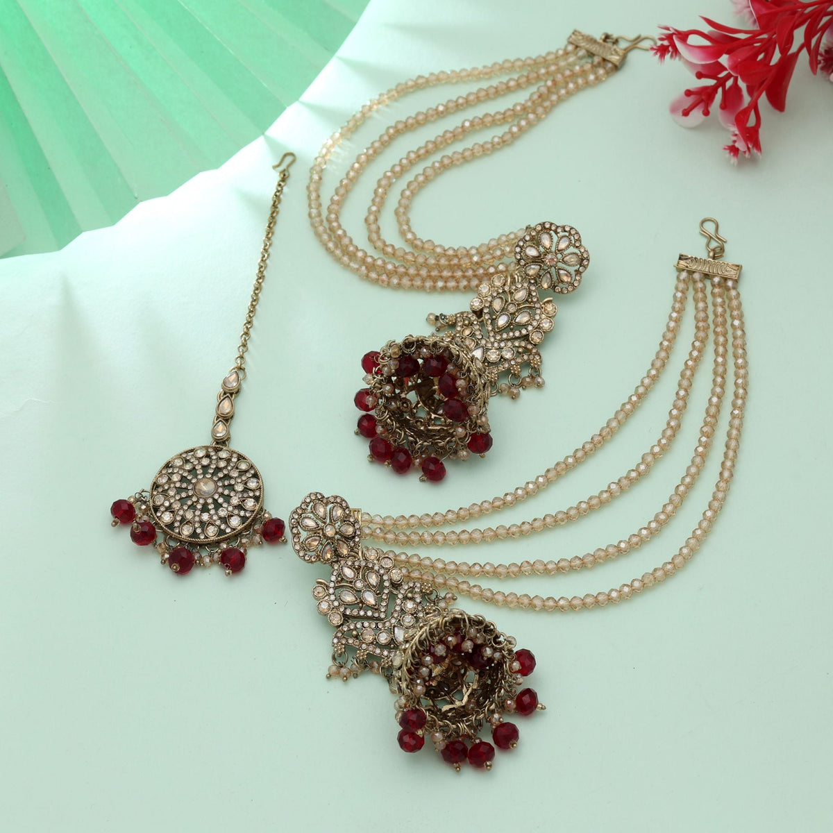 Maroon Color Big Jhumka Kundan Earrings Tikka Set Wedding