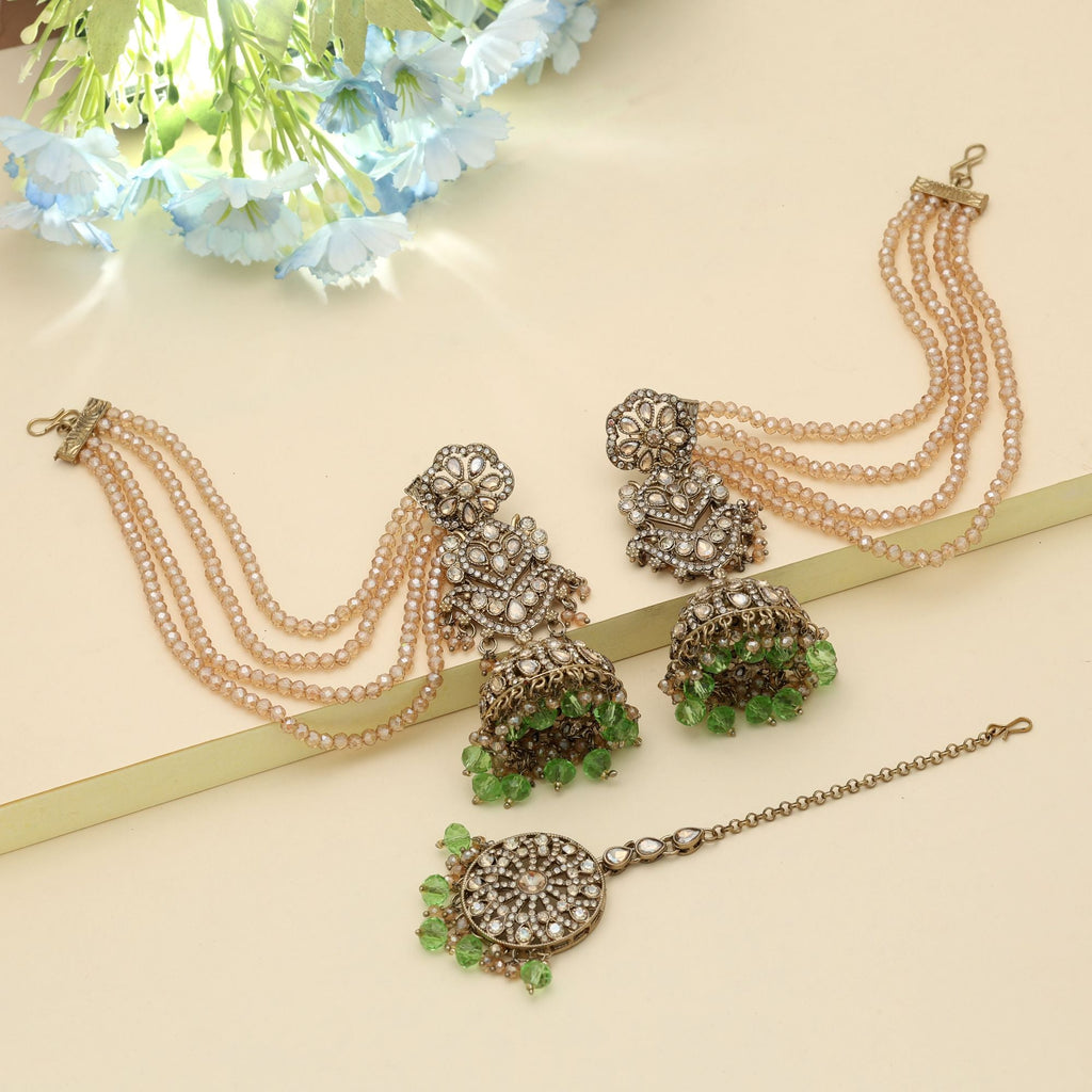 Pista Green Big Jhumka Kundan Earrings Tikka Set Festive