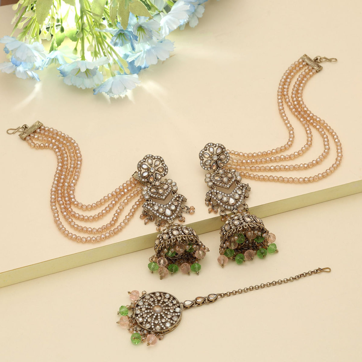 Pista Green & Pink Big Jhumka Kundan Earrings Tikka Set