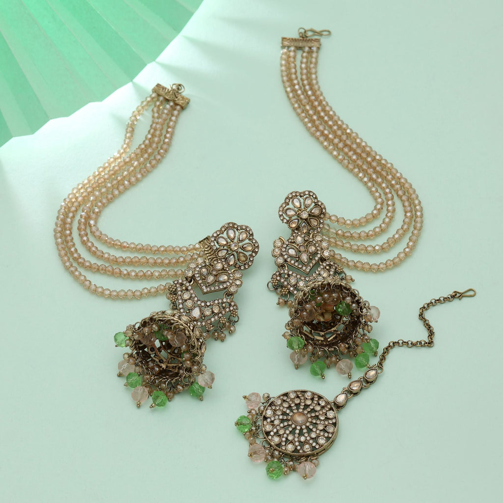 Pista Green & Pink Big Jhumka Kundan Earrings Tikka Set