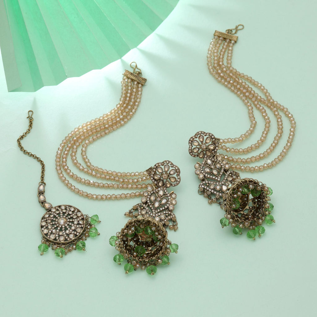 Pista Green Big Jhumka Kundan Earrings Tikka Set Festive