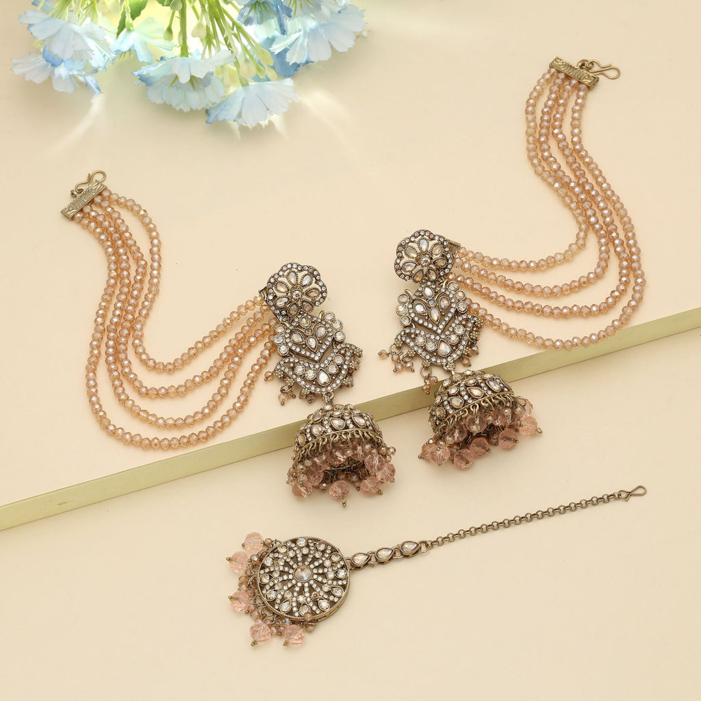 Pink Color Big Jhumka Kundan Earrings Tikka Set Bridal
