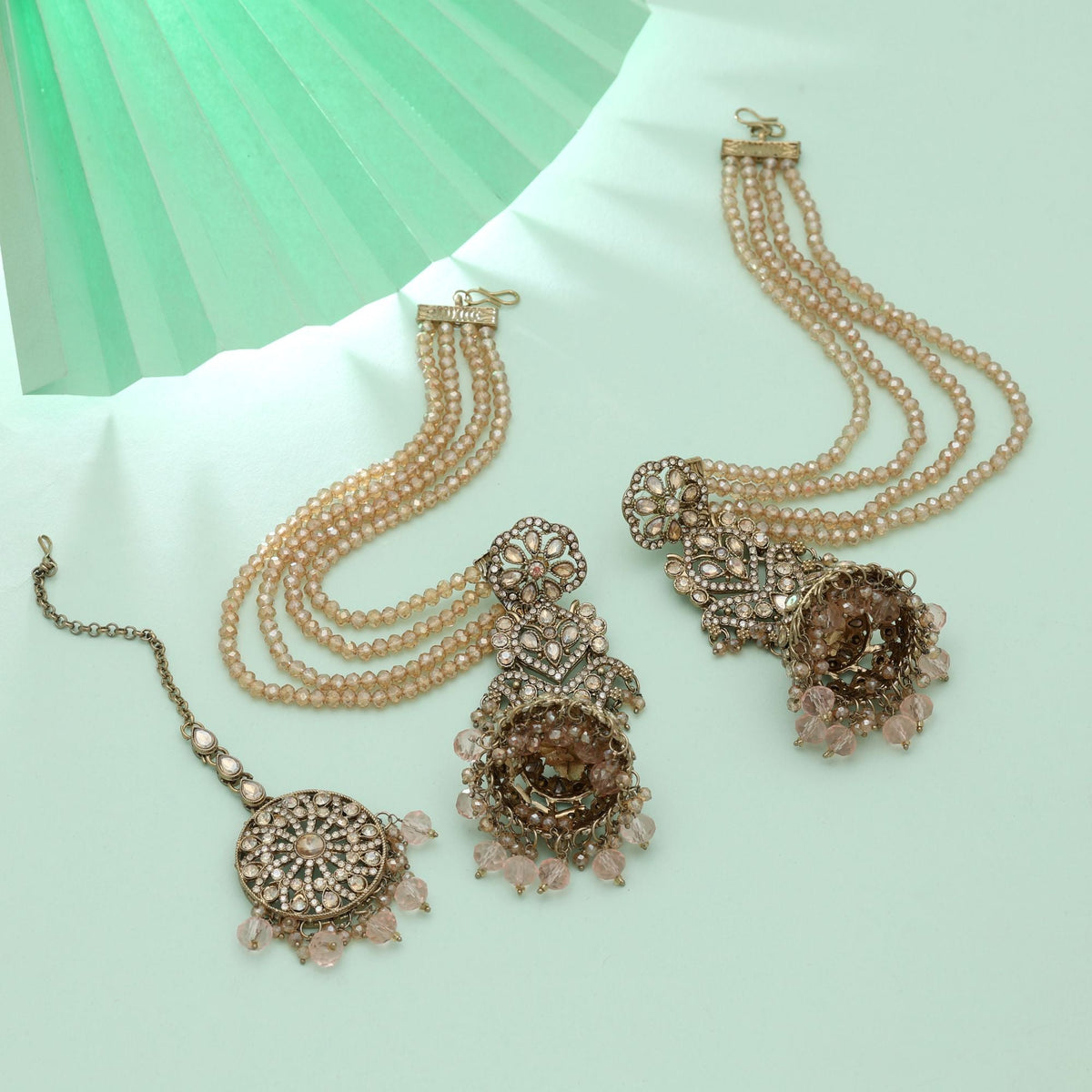Pink Color Big Jhumka Kundan Earrings Tikka Set Bridal