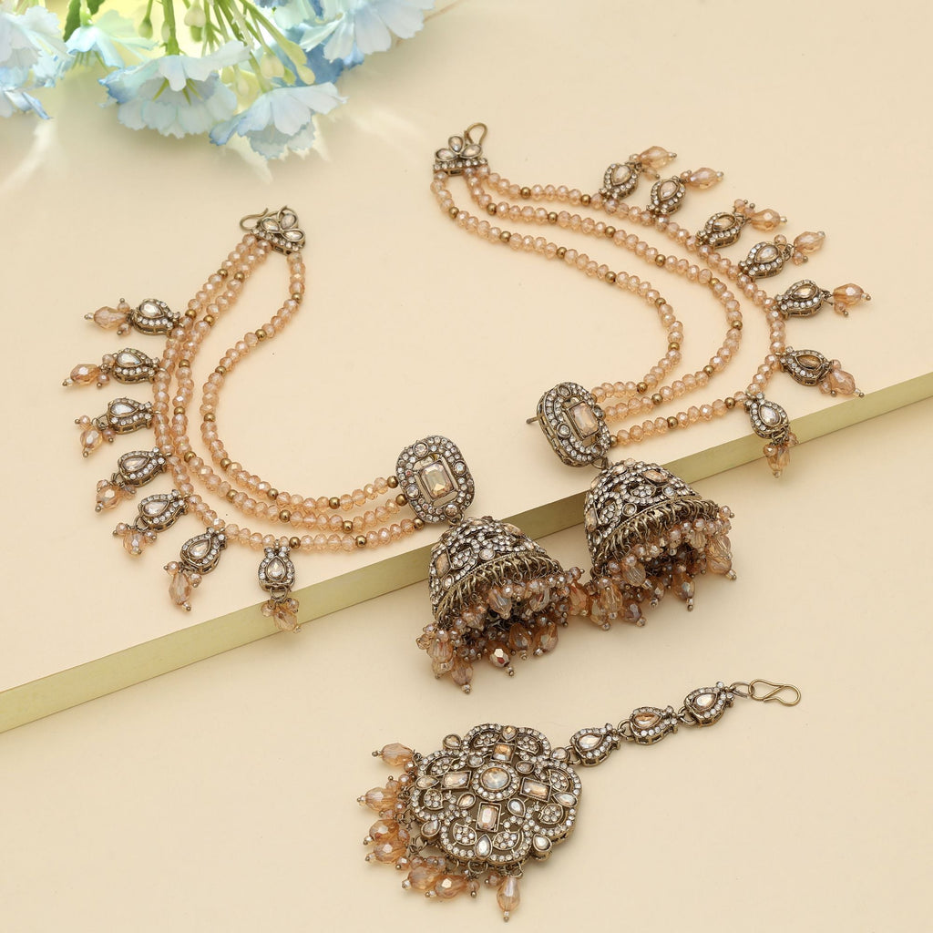 Gold Color Big Jhumka Kundan Earrings Tikka Set Royal