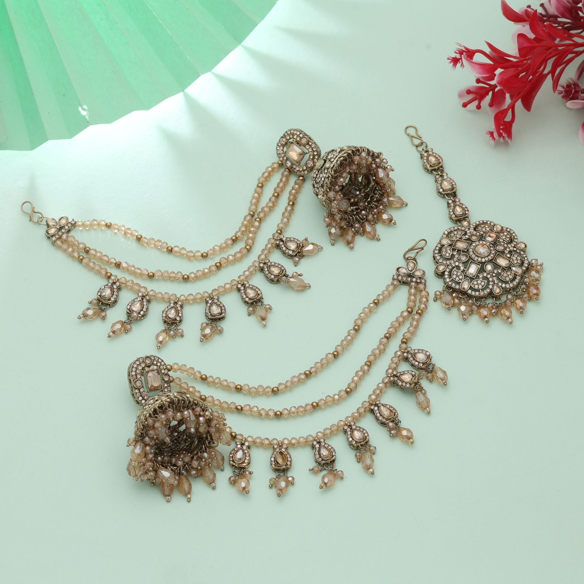 Gold Color Big Jhumka Kundan Earrings Tikka Set Royal