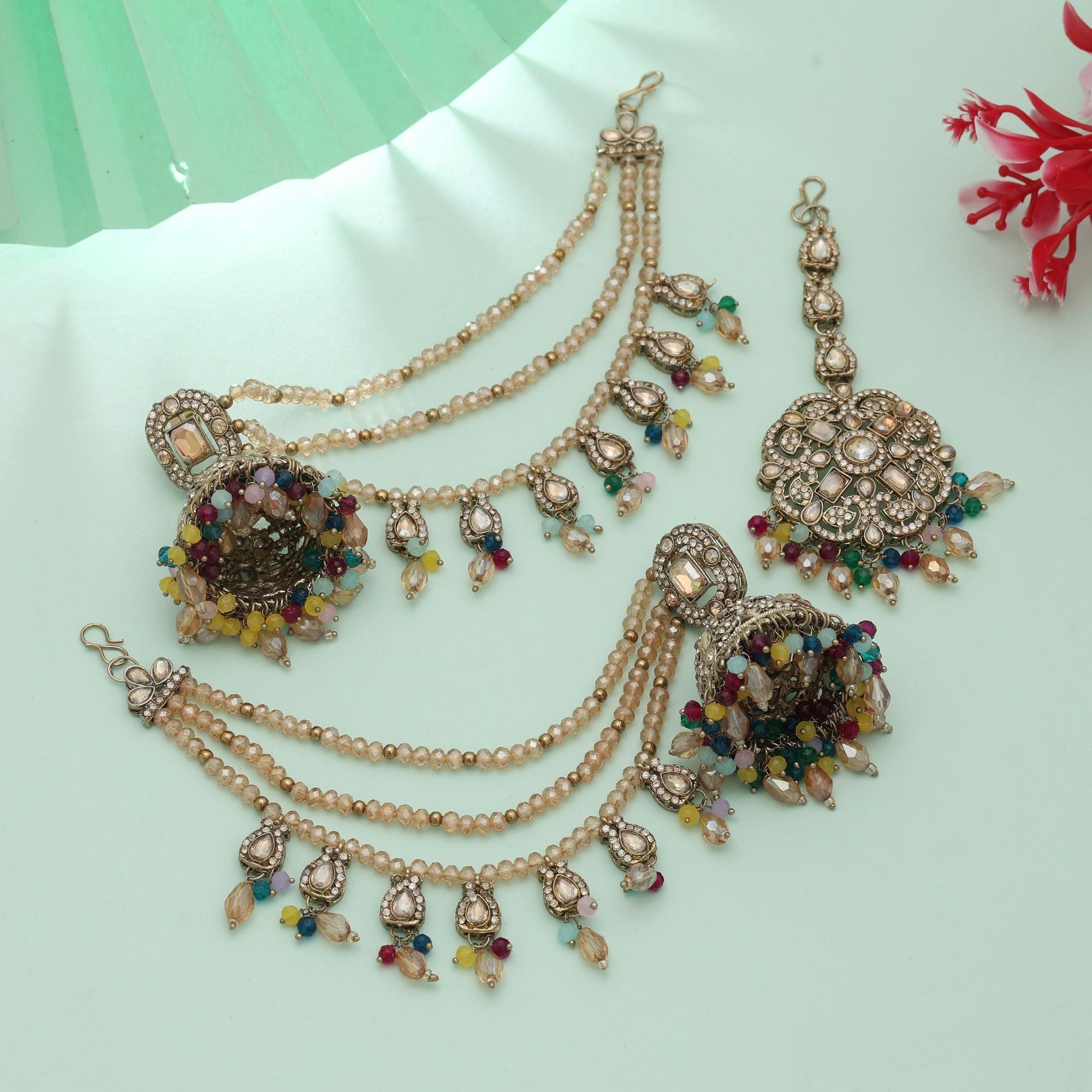 Multi Color Big Jhumka Kundan Earrings Tikka Set Festive