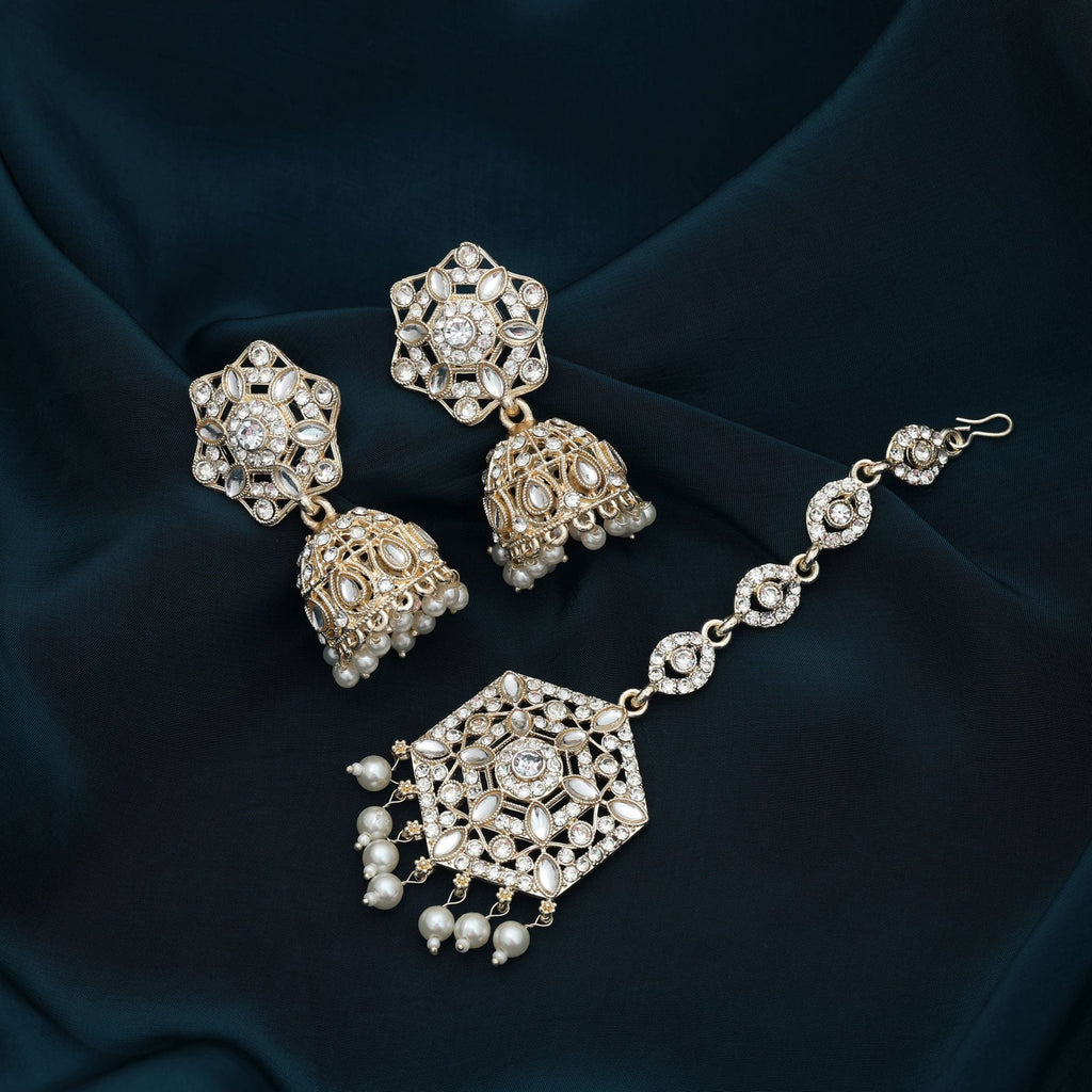 White Color Kundan Earrings Tikka Set (Bridal)